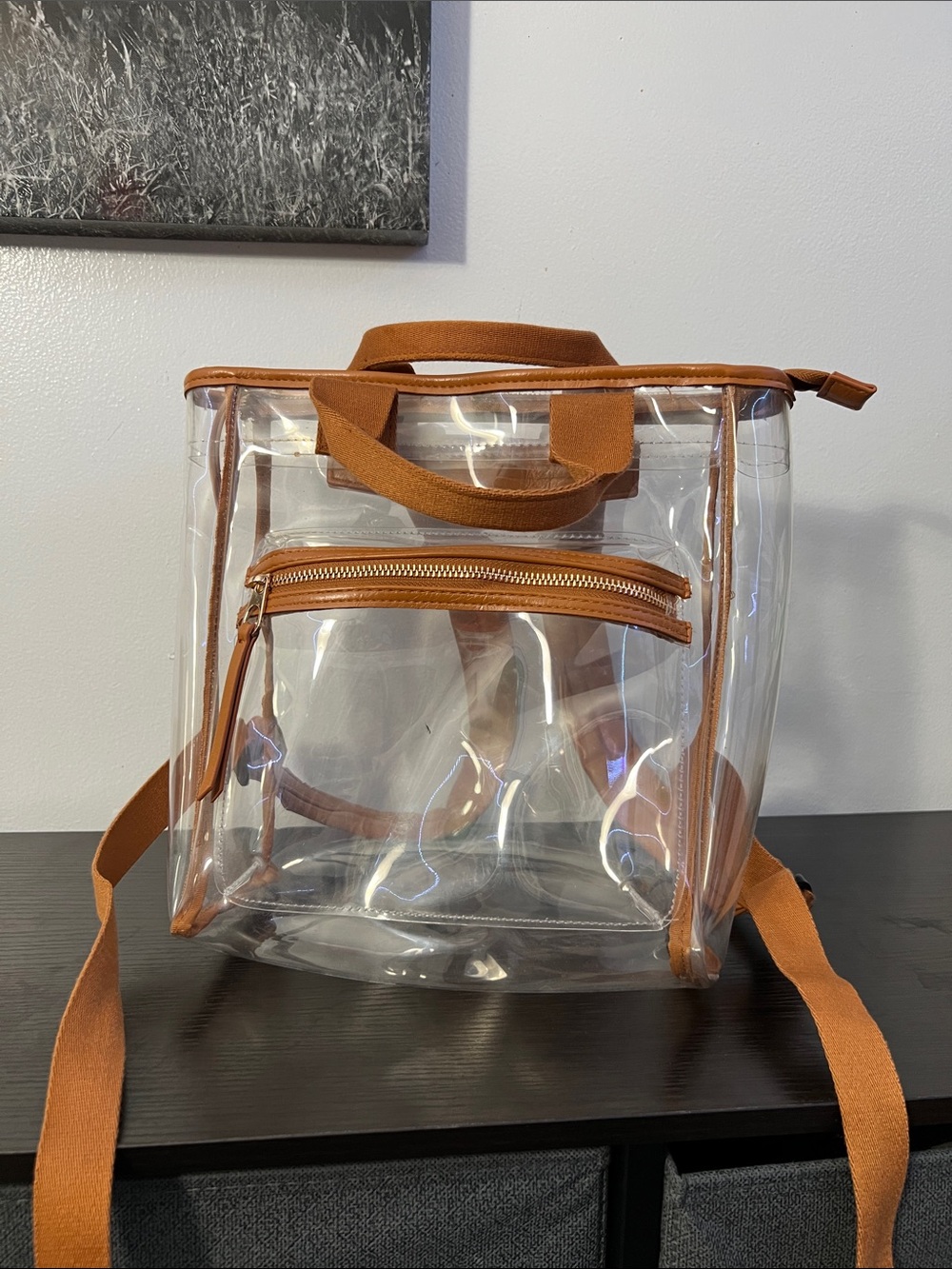 Like new Transparent Clear Backpack Tote with Tan Trim